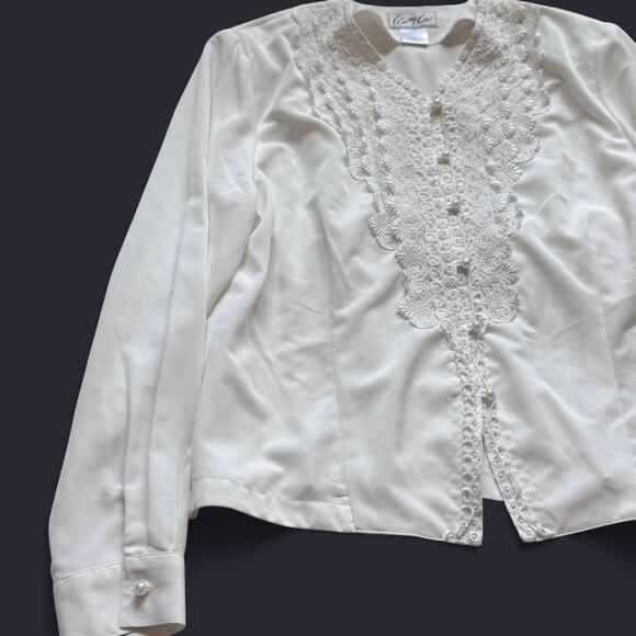 vintage White lace button up blouse sz 14 pearl delicate romantic cottage - Picture 2 of 8